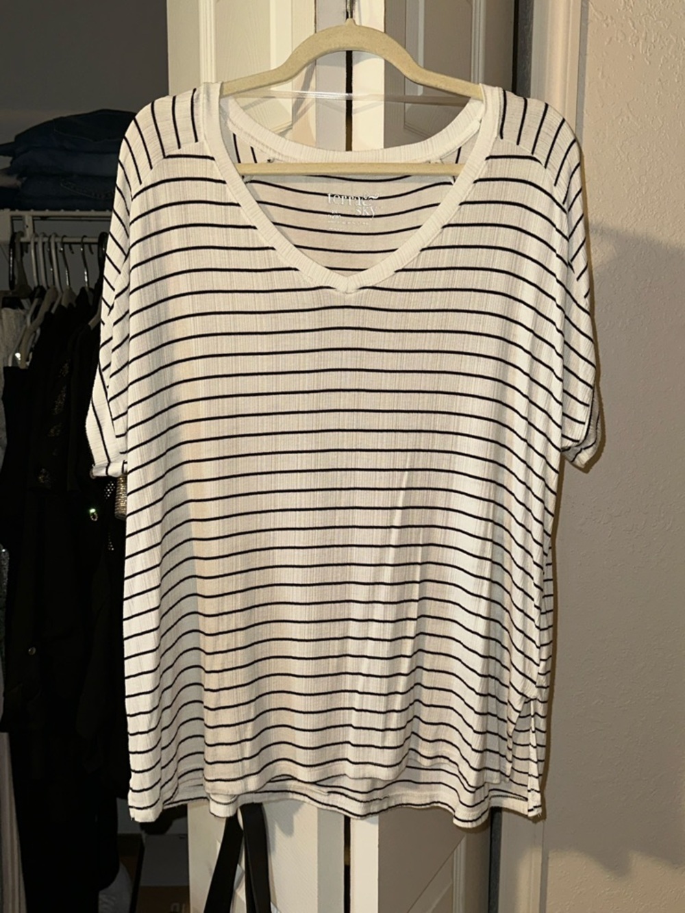 Terra & Sky White V-Neck Short Sleeve Tee with Black Stripes